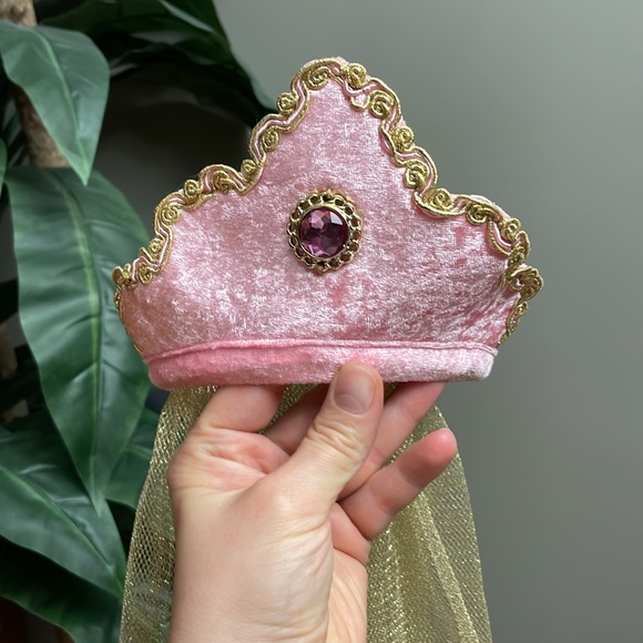 Vintage Headband Velvet Crown Princess Veil Head Accessory Gem Trim Pastel Pink - Picture 7 of 8